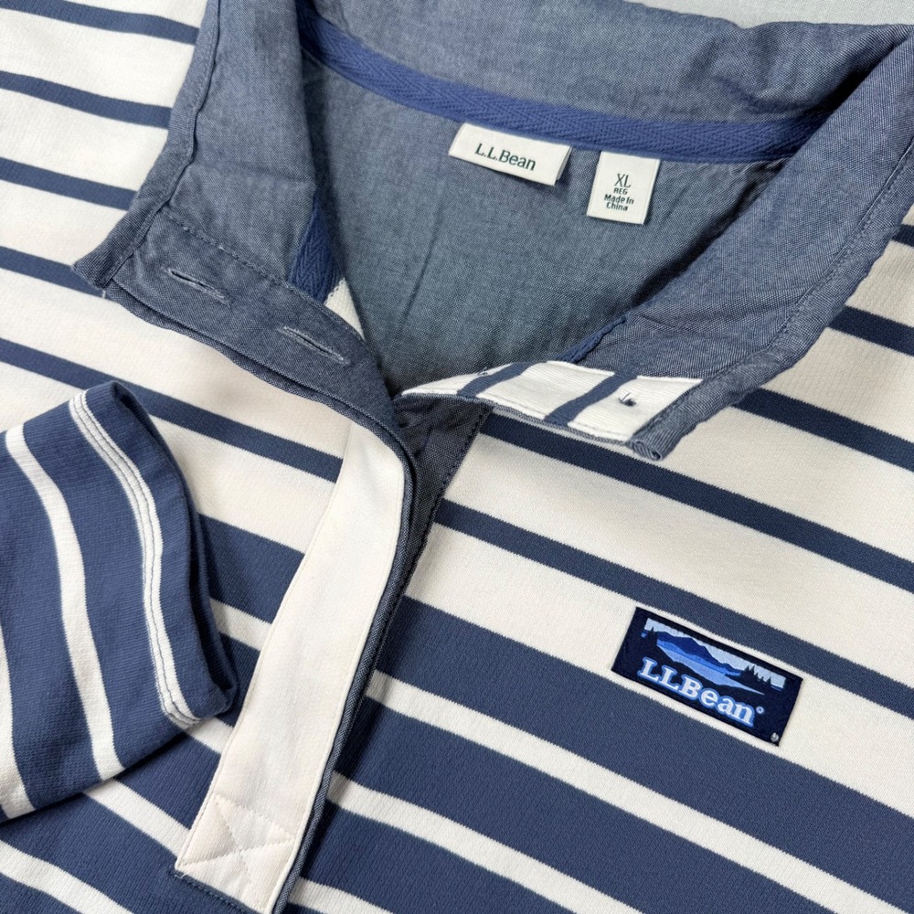 LL Bean Mens XL Striped Long Sleeve Rugby Shirt Blue White Polo Pullover Preppy‎